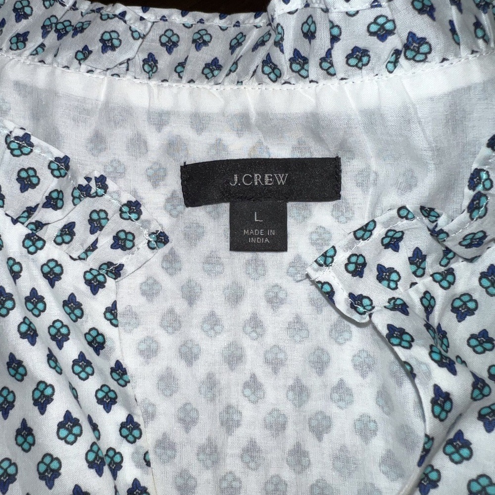 J. Crew Women White Blue Ditsy Floral Border Print Midi Dress Ruffle Sleeve L - Picture 5 of 6
